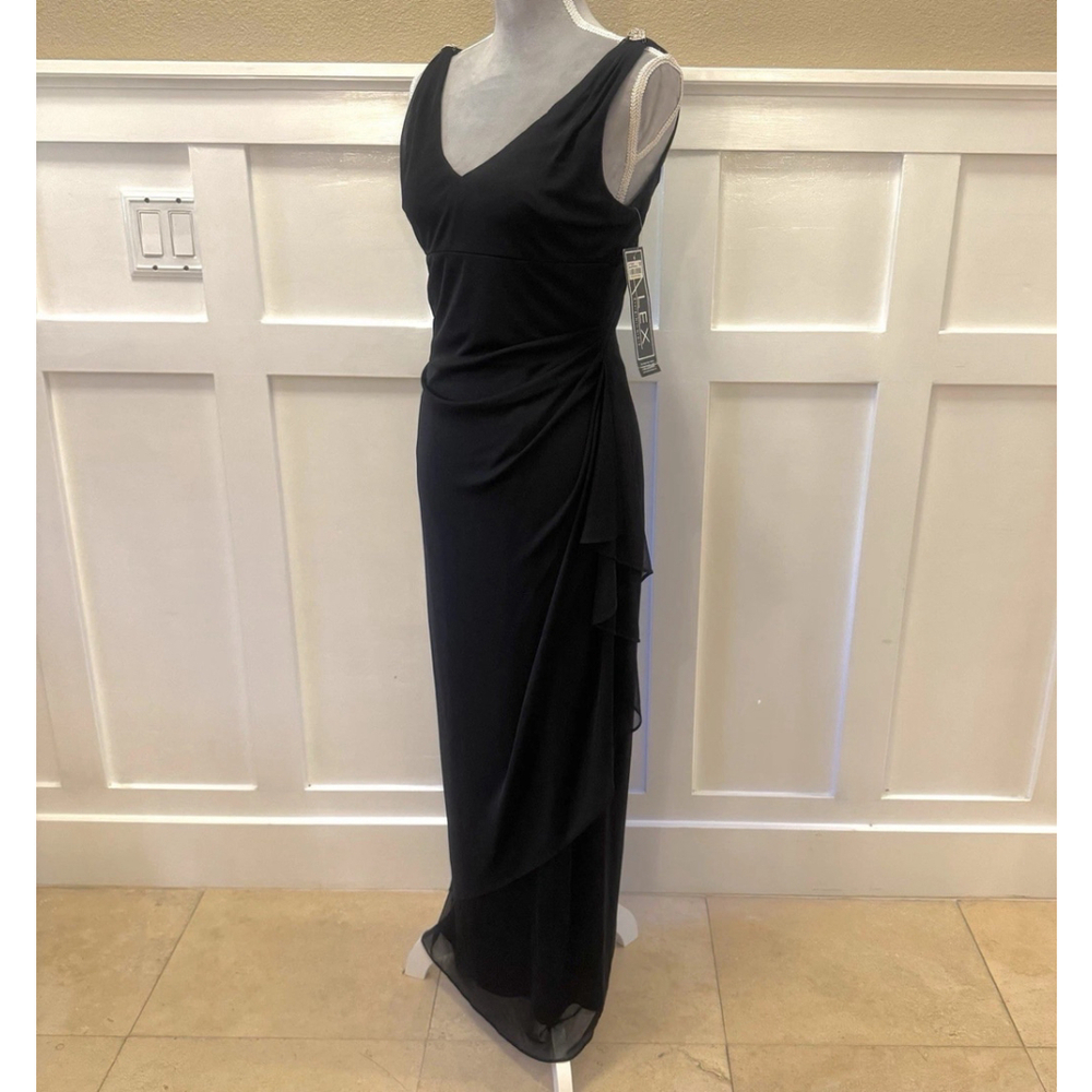 NWT Alex Evenings Gown Ruffle Embellished Shoulder Maxi Dress Size:6 Black